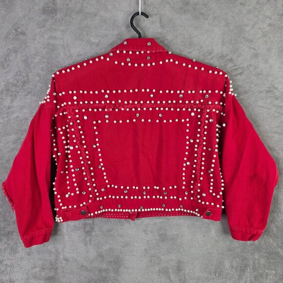 Womens Salt Red Pearl & Rhinestone Embellished Cropped Denim Jacket Button Up S - Picture 5 of 8